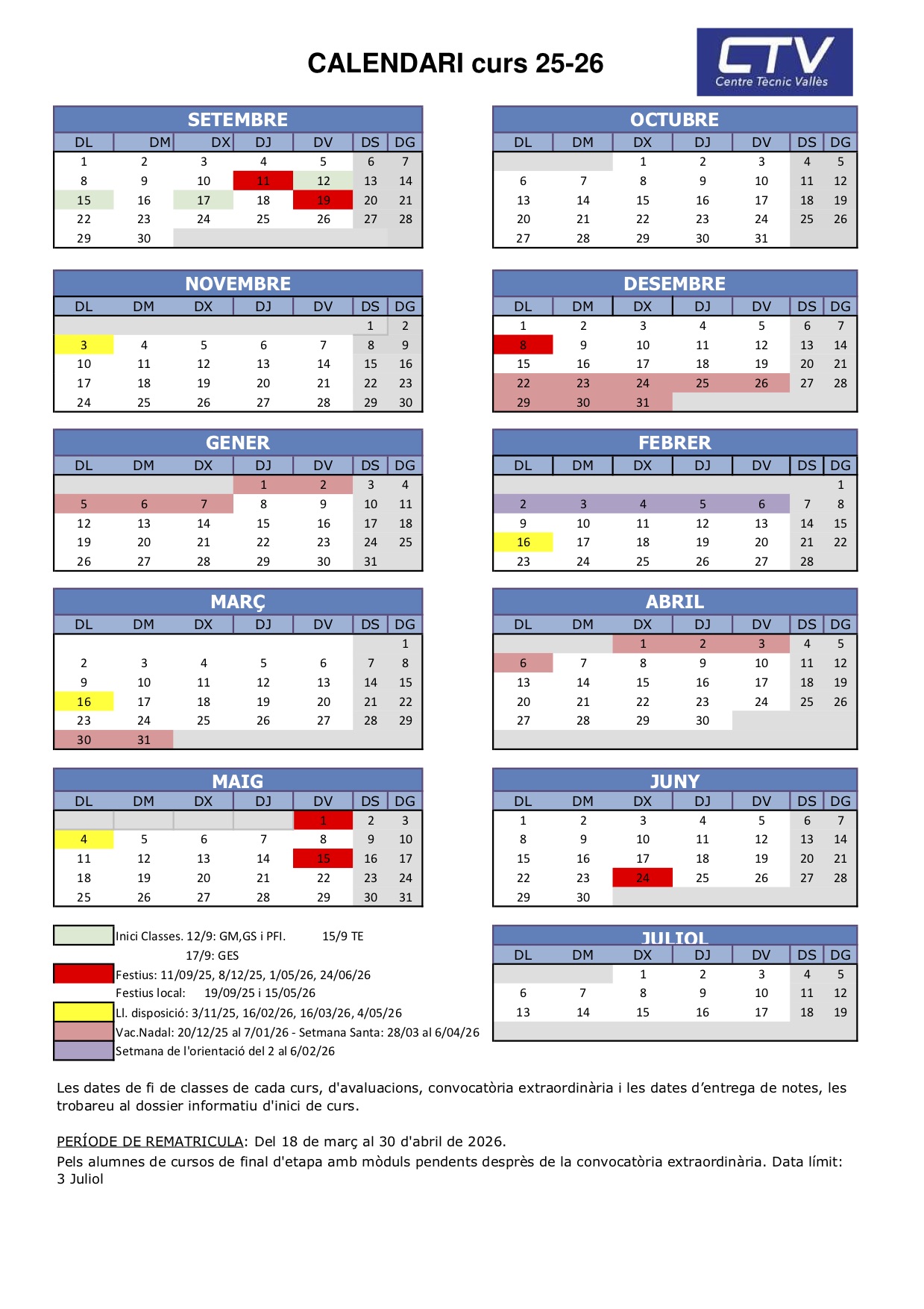 CTV: Calendari curs 2025 - 26